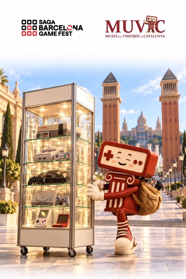 El MUVIC al SAGA Barcelona Game Fest amb el recinte de Montjuïc i una vitrina de consoles